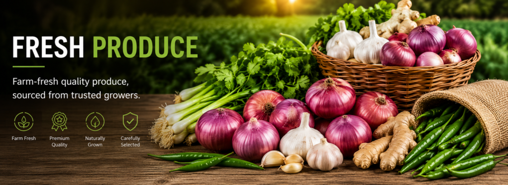 Fresh produce including onions, garlic, ginger and green chillie