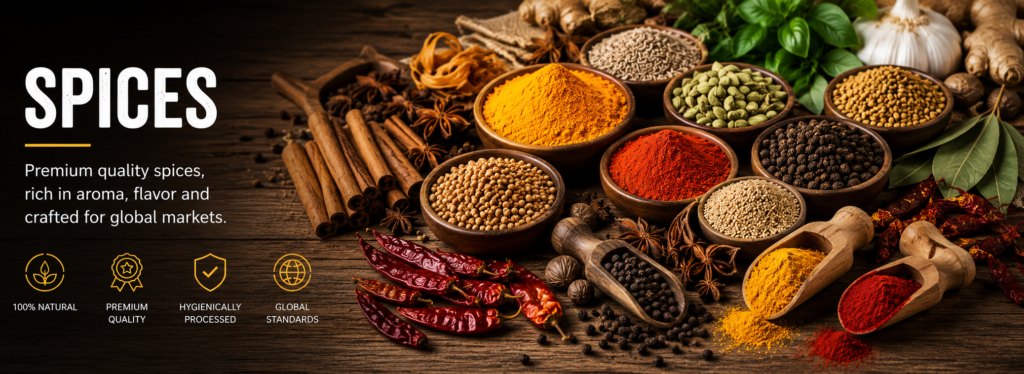 Indian spices including turmeric, red chillie, black pepper, cardamom and other whole spices